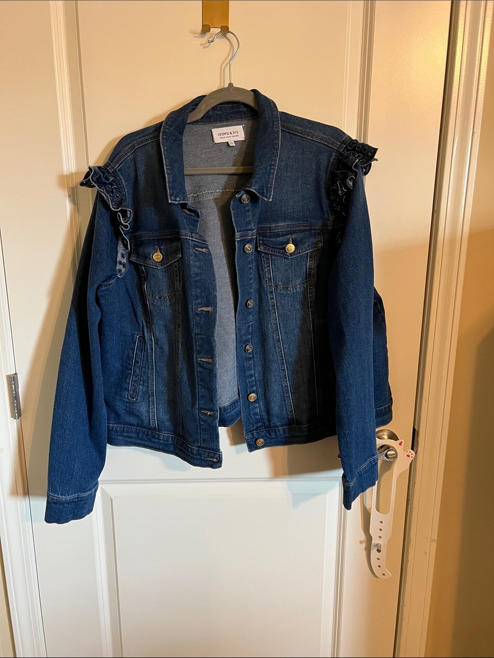 crown & ivy Dark Blue Denim Jacket with Ruffle Shoulders